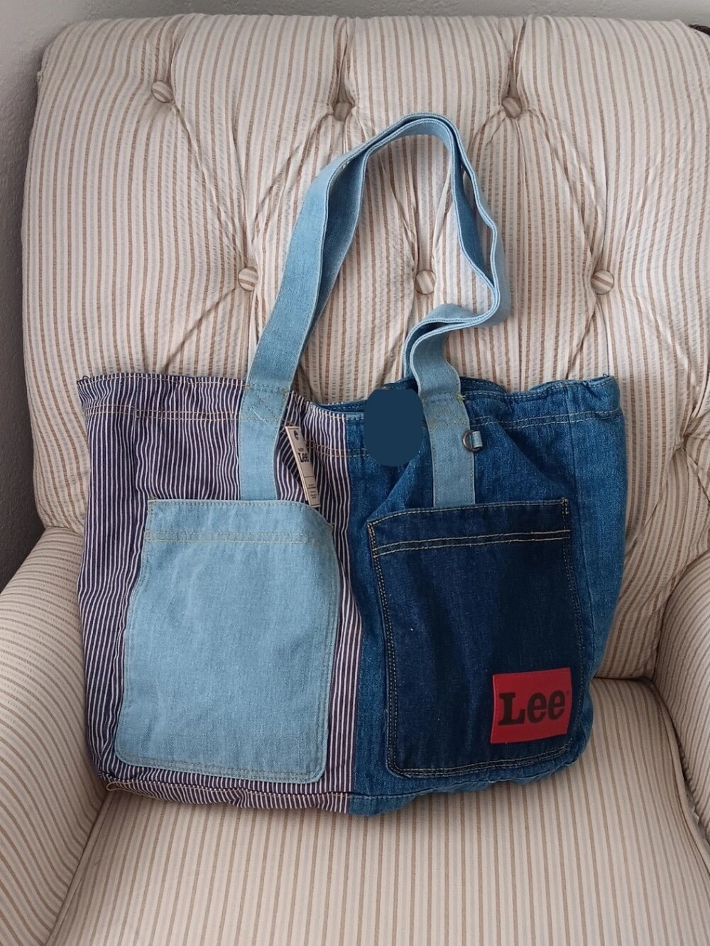 Kacey Lee Patchwork Denim Tote in Light Blue, Dark Blue & Red Logo